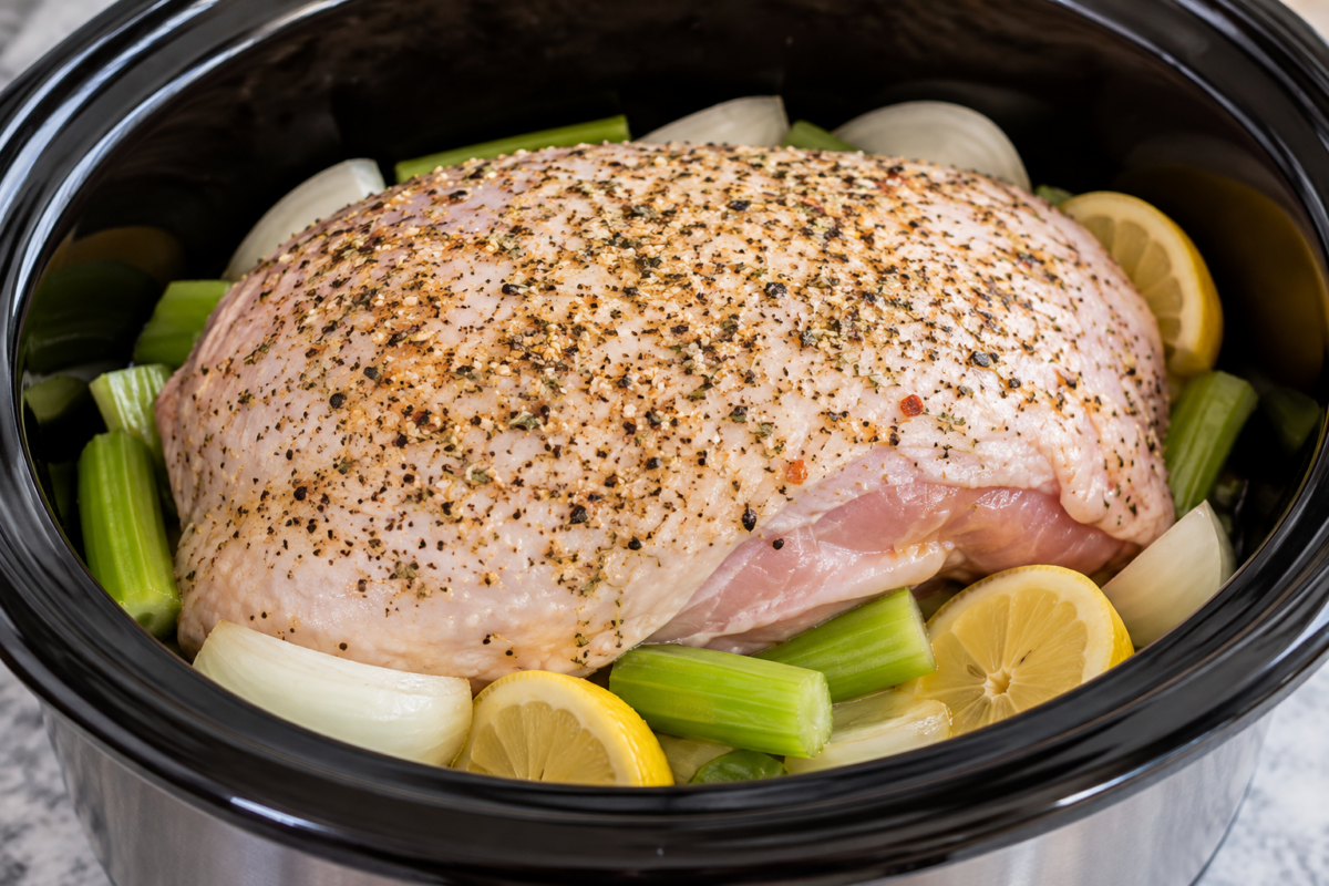 seasoned turkey breast in the slow cooker ready to cook