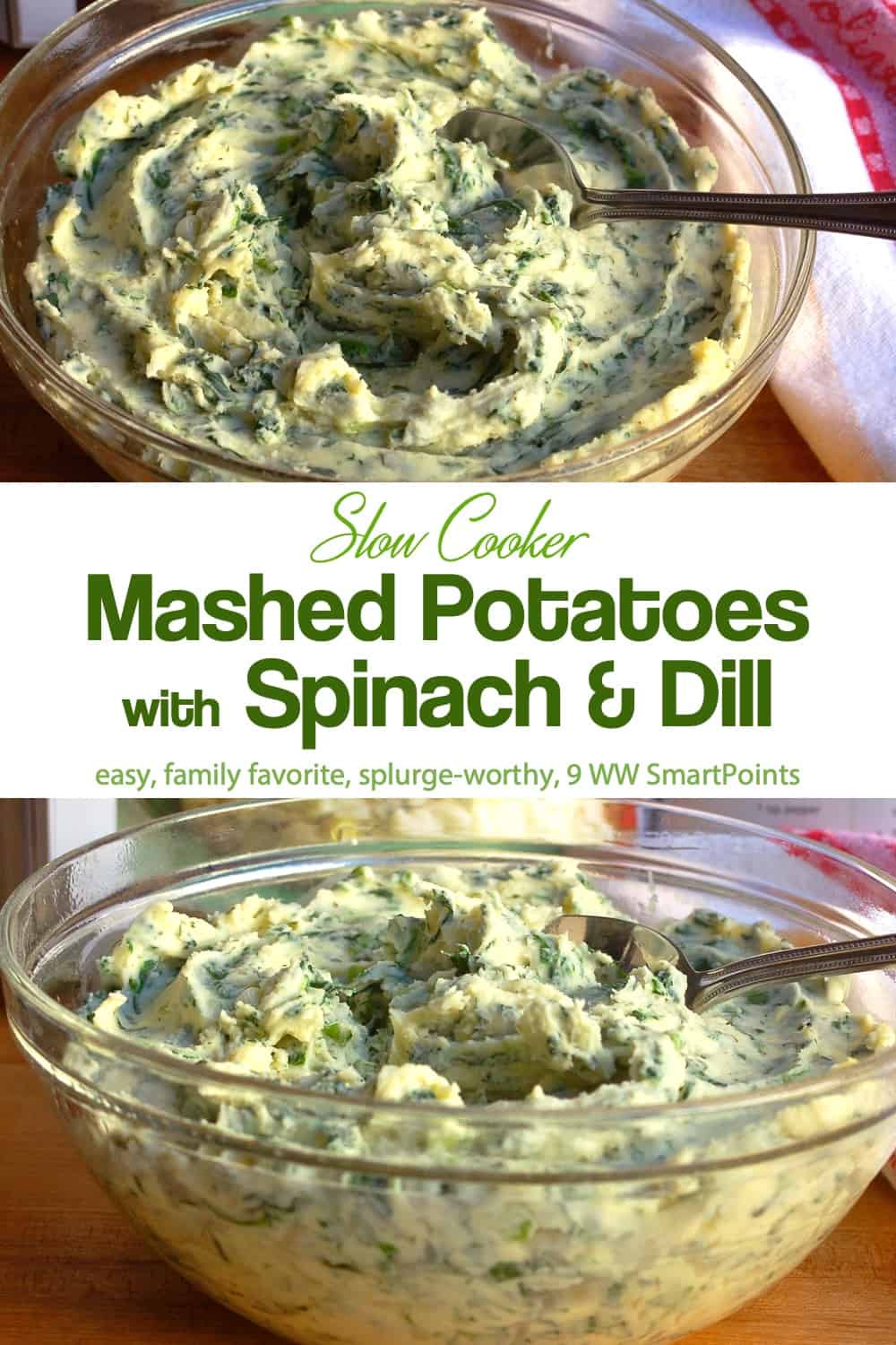 Side view and top view of glass bowl with spinach and dill mashed potatoes