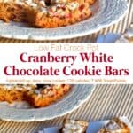 Cranberry white chocolate crock pot cookie bars on white serving platter.
