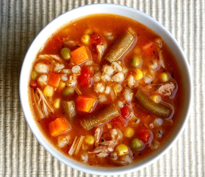 Bowl of Turkey Vegetable Soup with Barley from above