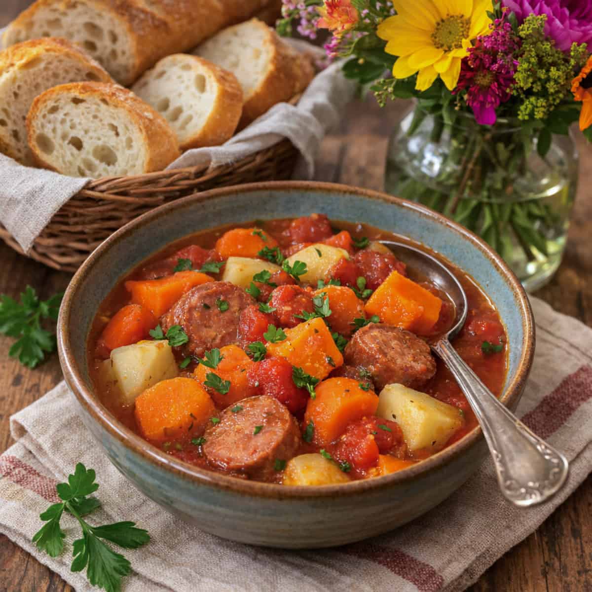 Root Vegetables Sausage Stew in ceramic bowl with spoon on napkin next to basket of crusty bread and vase with fresh flowers.