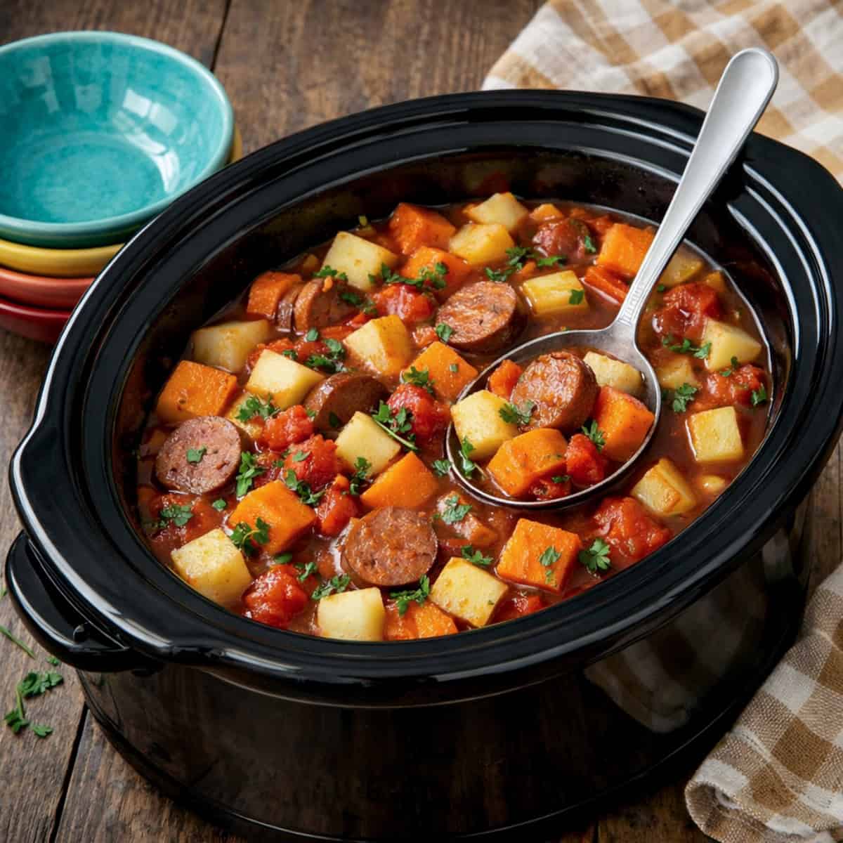 Slow Cooker Root Vegetables Sausage Stew in black crock pot with serving ladle on wooden table with stack of colorful bowls.