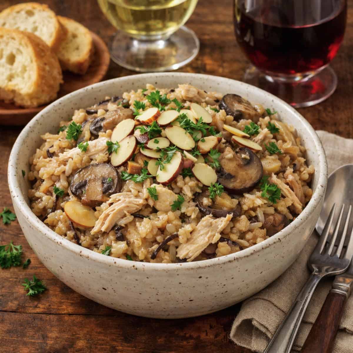 Slow Cooker Turkey and Wild Rice Casserole topped with fresh parsley and sliced almonds in white bowl on wood table near crusty bread and glasses of red and white wine.