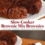 Slow cooker brownie mix brownies cut into wedges on white plate with one brownie wedge sitting on white napkin next to the plate.