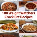 Collage of healthy Weight Watchers friendly slow cooker recipes including brownies, chicken and gravy, peanut butter granola, pizza and baked beans.