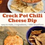 Bowl of chili cheese dip with plate of tortilla chips for dipping.