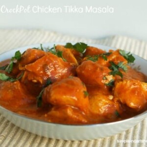 Easy CrockPot Chicken Tikka Masala white bowl beige mat close up front