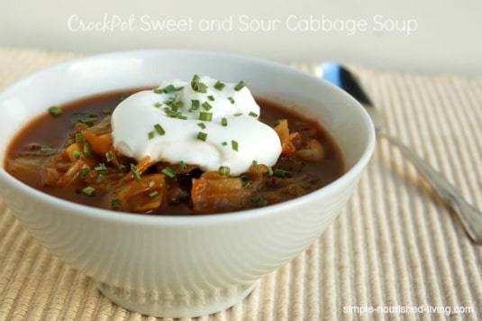Crock Pot Sweet and Sour Cabbage Soup topped with plain greek yogurt and sliced scallions.