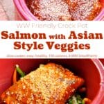 Red crock pot with salmon fillets and sesame seeds over Asian-style vegetables.