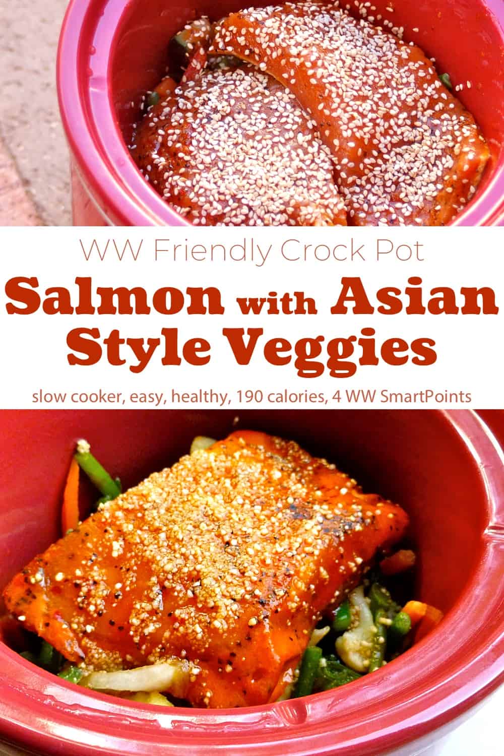 Red crock pot with salmon fillets and sesame seeds over Asian-style vegetables.