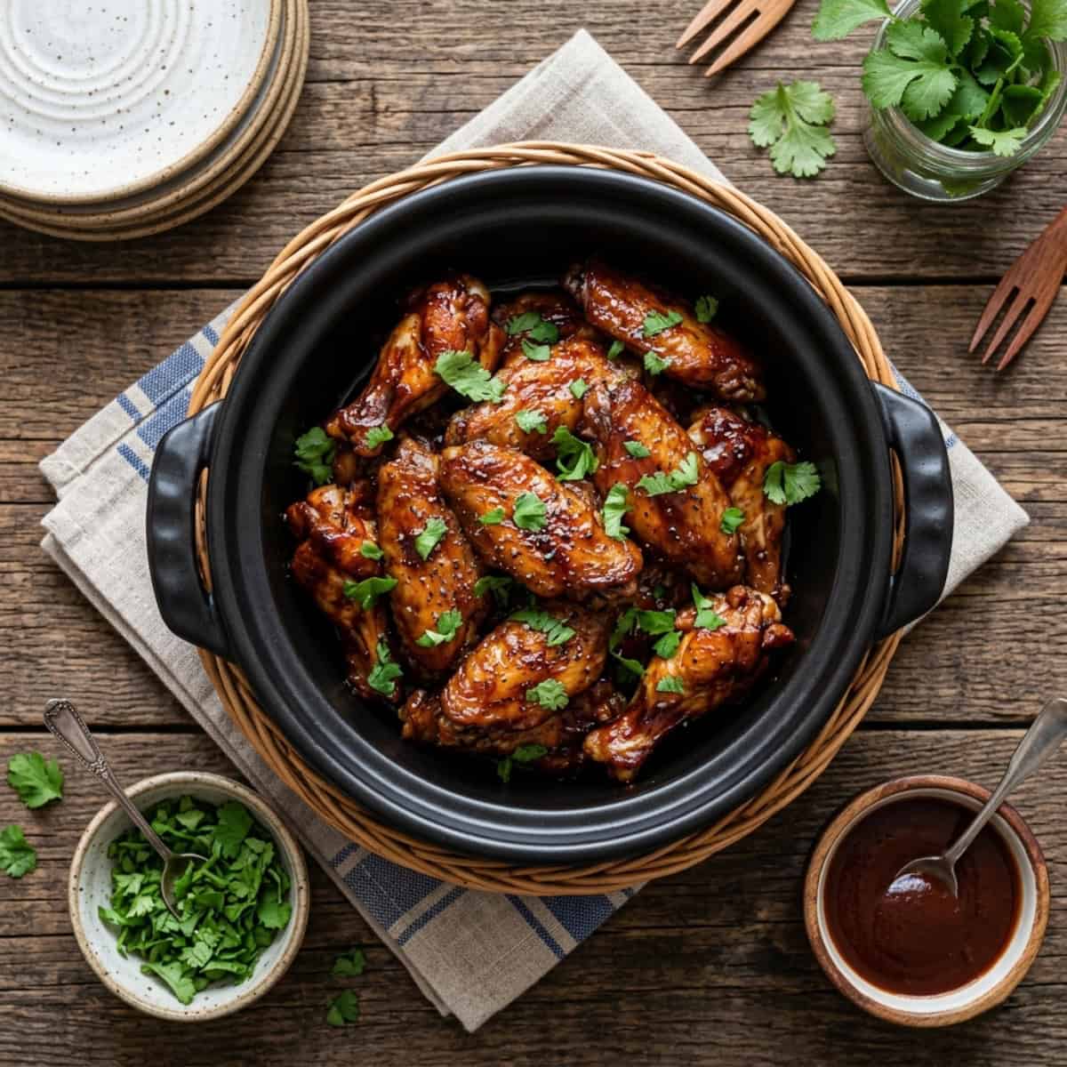 Slow Cooker Sweet and Spicy BBQ Chicken Wings in black crock pot on wood table with stack of plates alongside and small bowl with fresh chopped cilantro and another small bowl of bbq sauce.