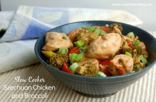 Slow Cooker Szechuan Chicken and Broccoli Blue Japanese Bowl