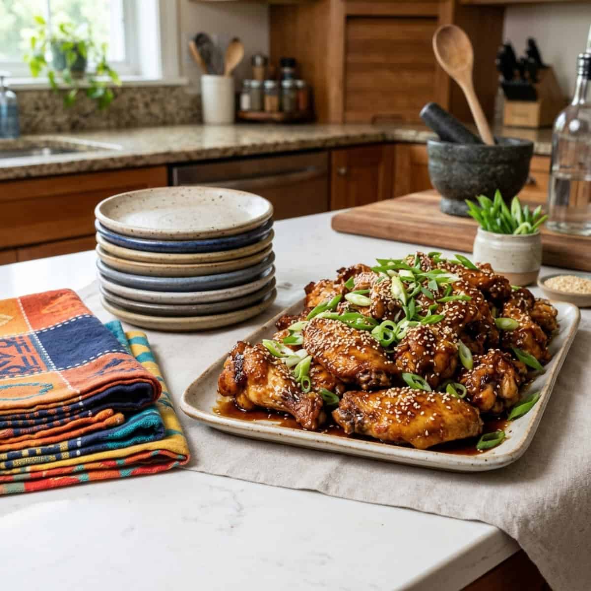 Slow Cooker Teriyaki-Ginger Chicken Wings topped with sesame seeds and sliced green onions on a serving plate alongside a stack of small plates and colorful napkins.