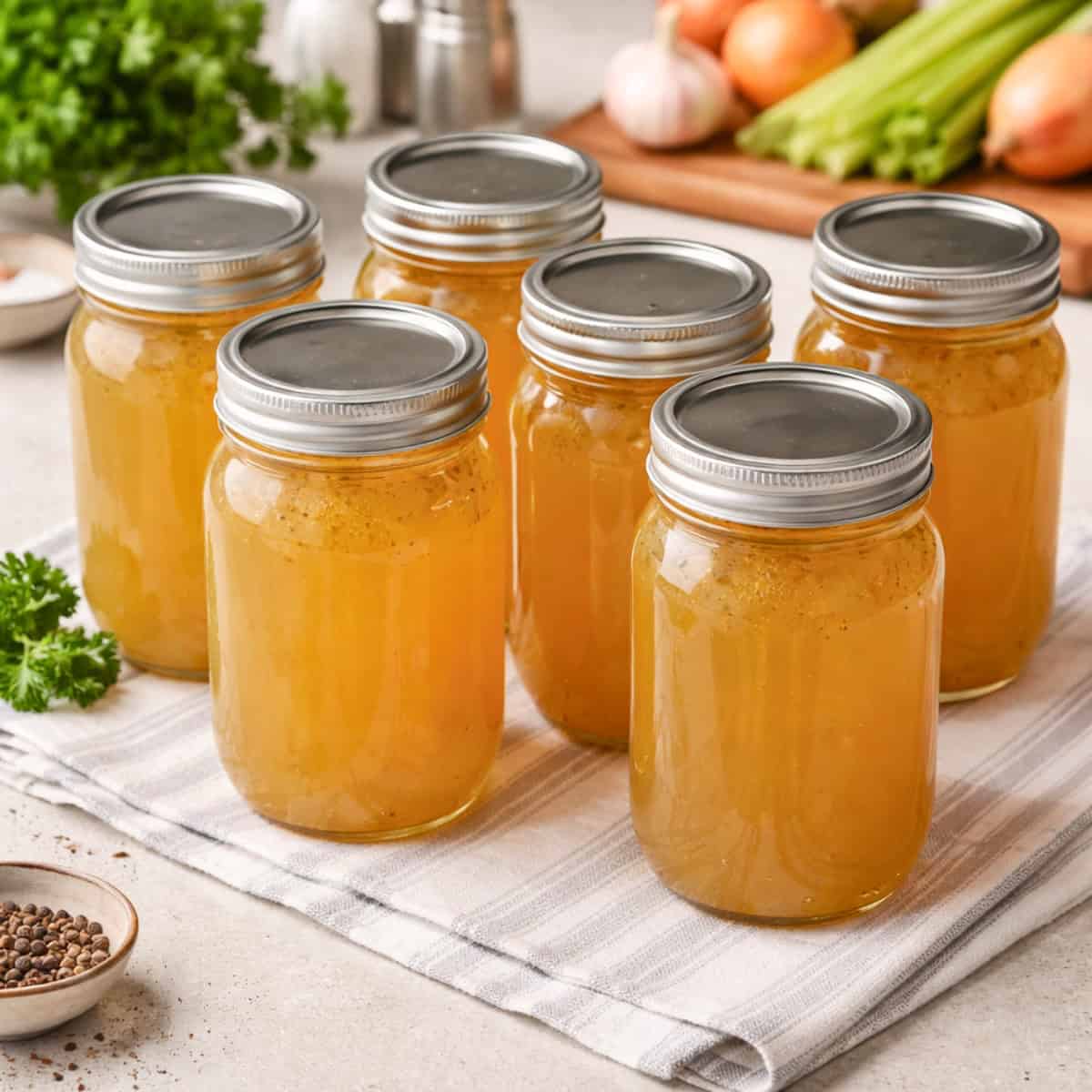 6 mason jars filled with vegetable broth on a striped dish towel with fresh vegetables in the background.