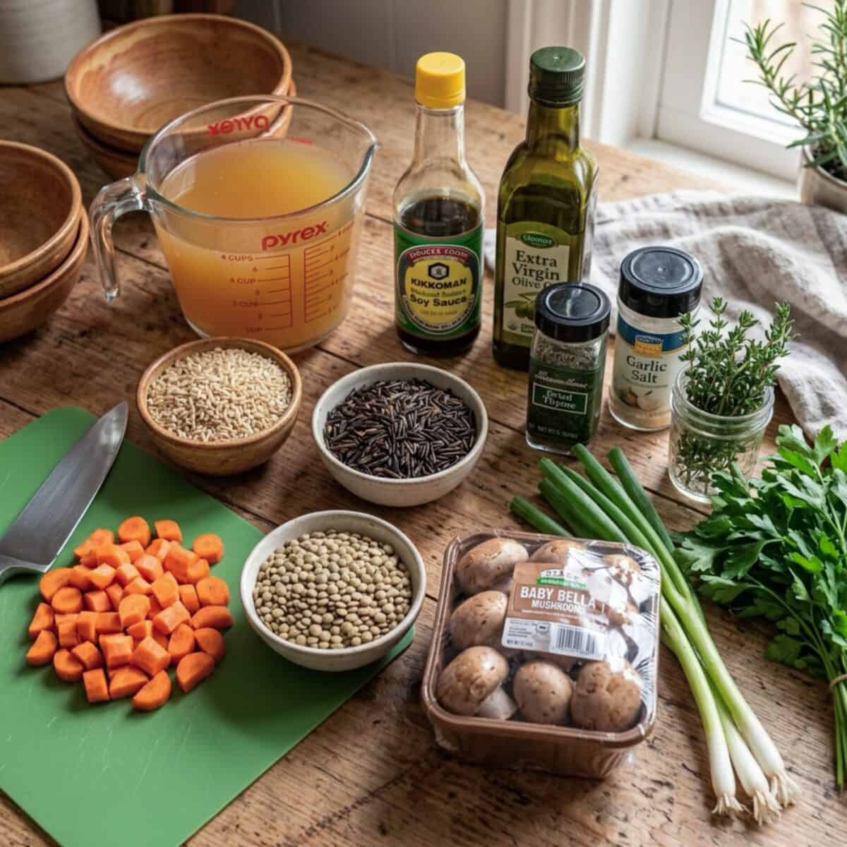 Vegetable broth, brown rice, wild rice, green lentils, chopped carrots, baby Bella mushrooms, green onions, soy sauce, olive oil, dried thyme and garlic salt on wooden counter.
