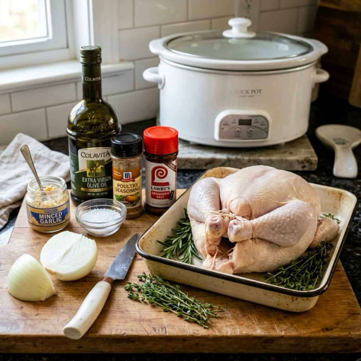 Roasting chicken, fresh rosemary and thyme, minced garlic, olive oil, salt poultry seasoning and seasoning salt on kitchen counter with white crock pot in the background.