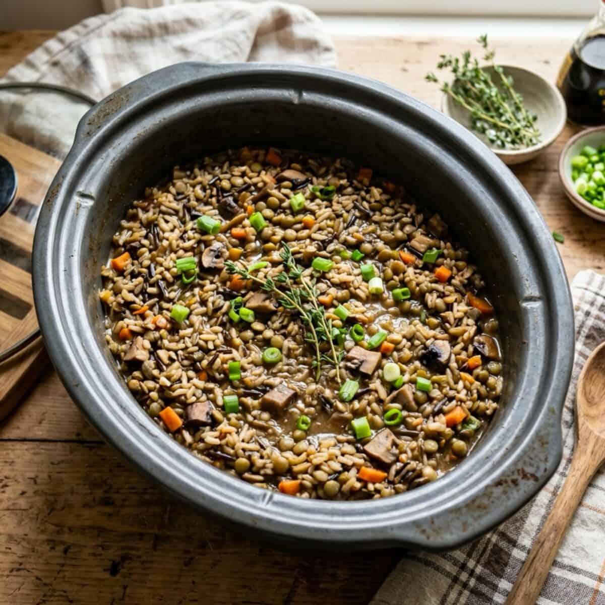 Slow cooker brown rice and lentils in crock pot.