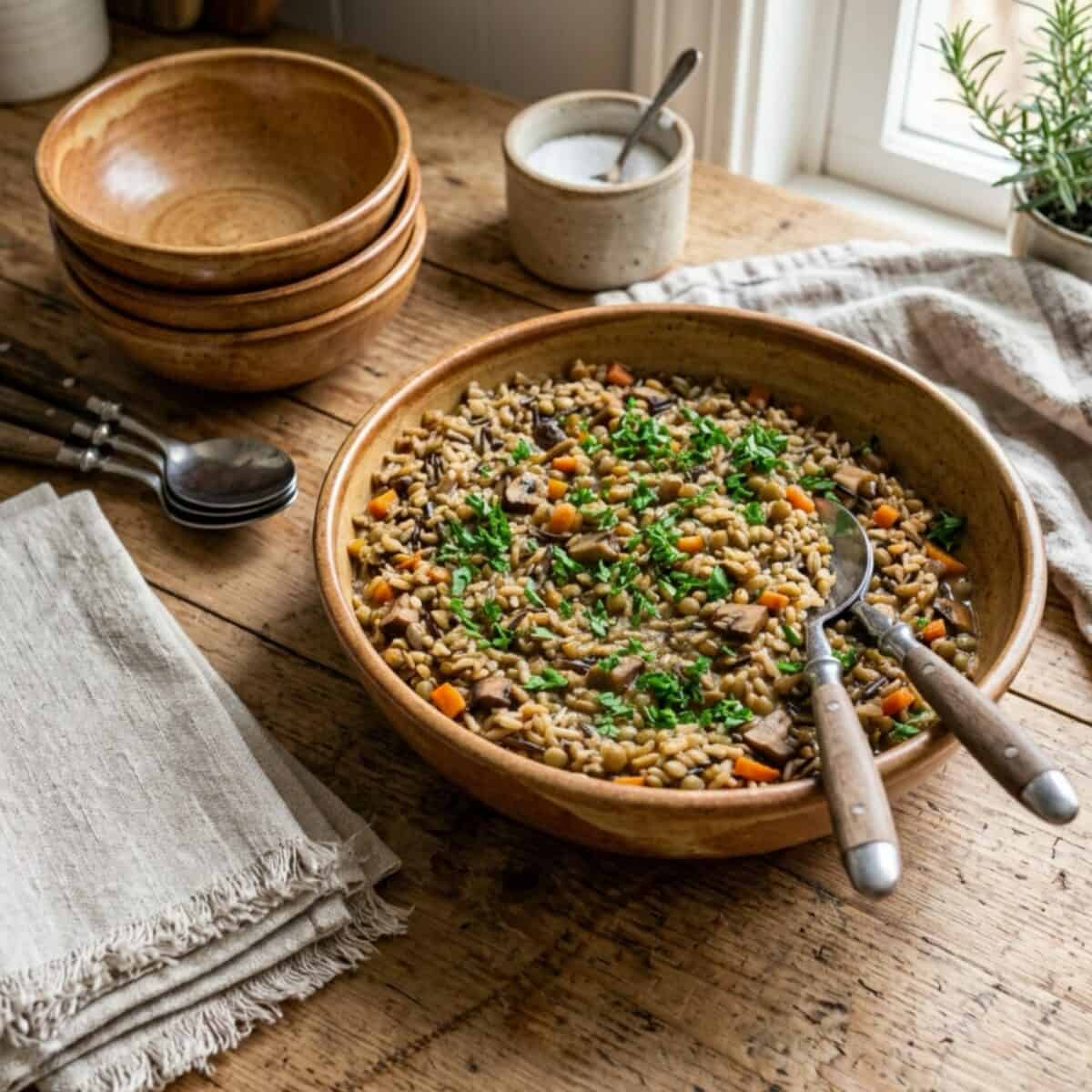 Savory brown rice and lentils with chopped parsley in a serving bowl with serving spoons.
