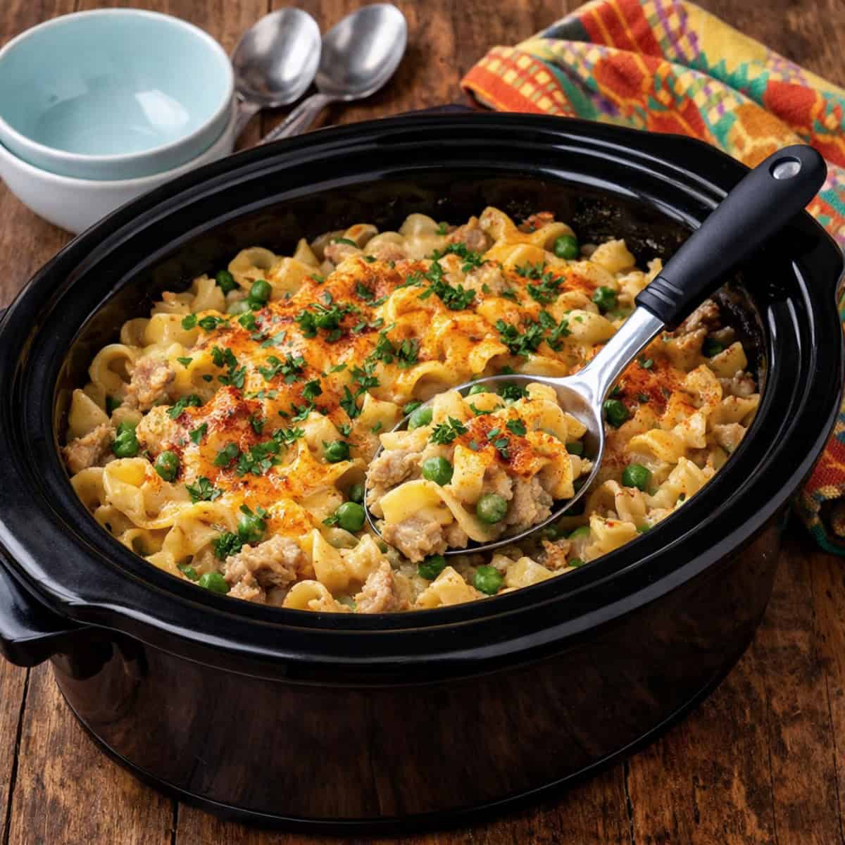 Slow Cooker Tuna Noodle Casserole in black crock pot with serving spoon and stack of white bowls on wood table.