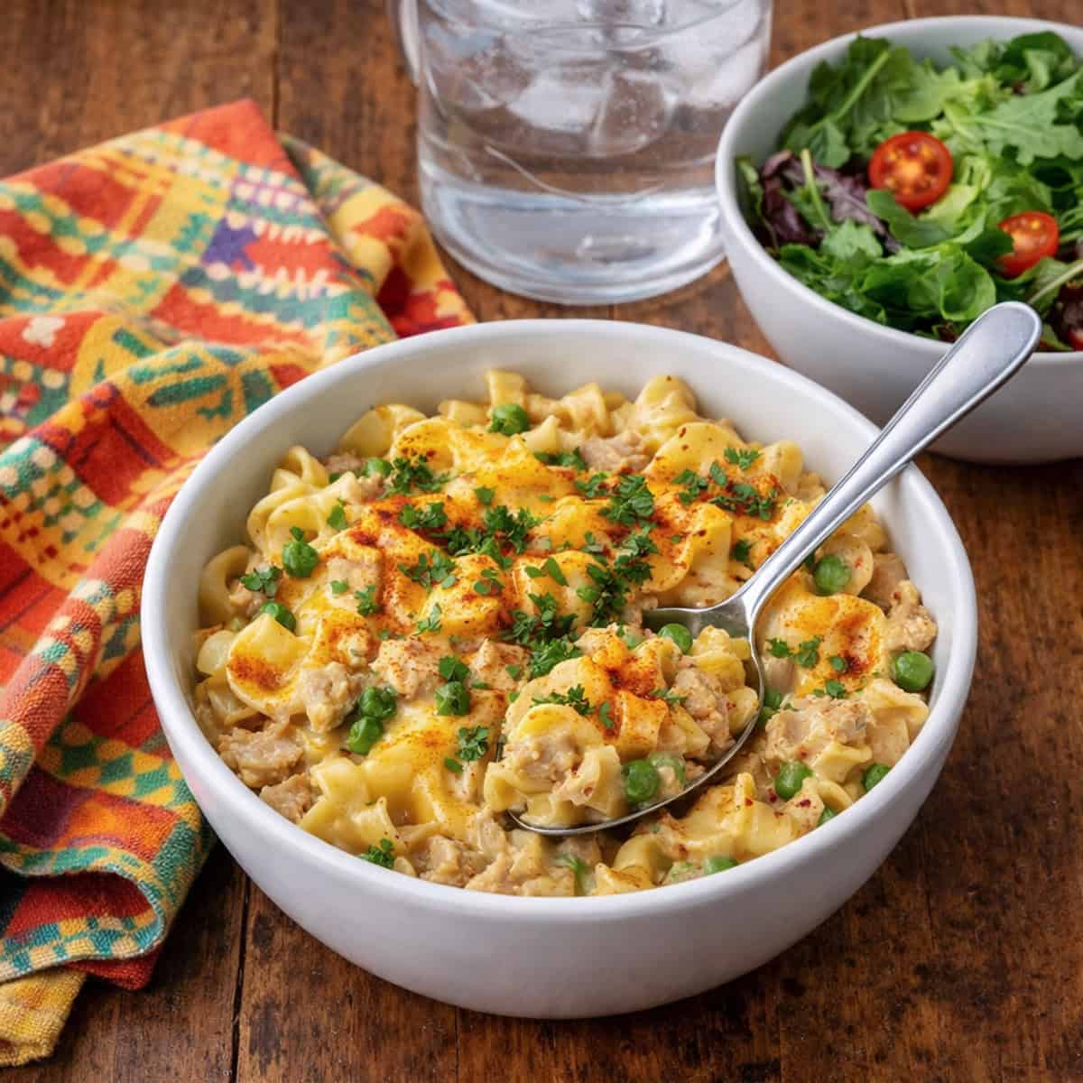 Classic Tuna Noodle Casserole in a white bowl with a spoon on a wood table alongside a mixed green salad in a white bowl with glass of ice water and colorful napkin.