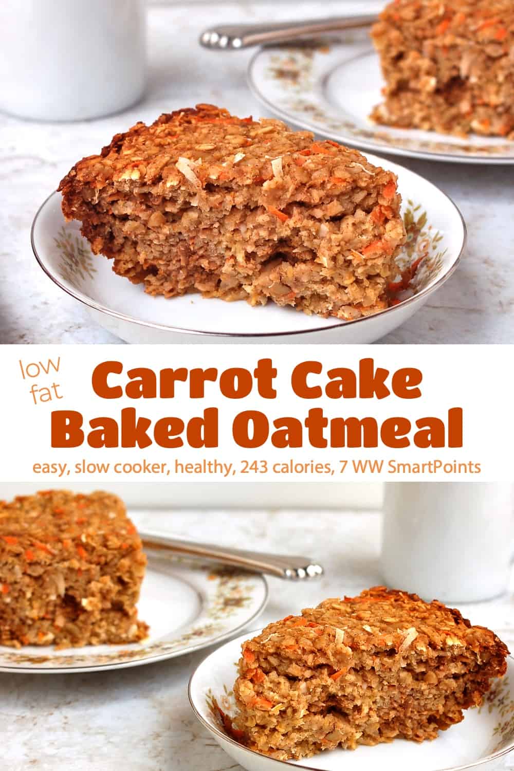 Slice of Carrot Cake Baked Oatmeal in a white bowl