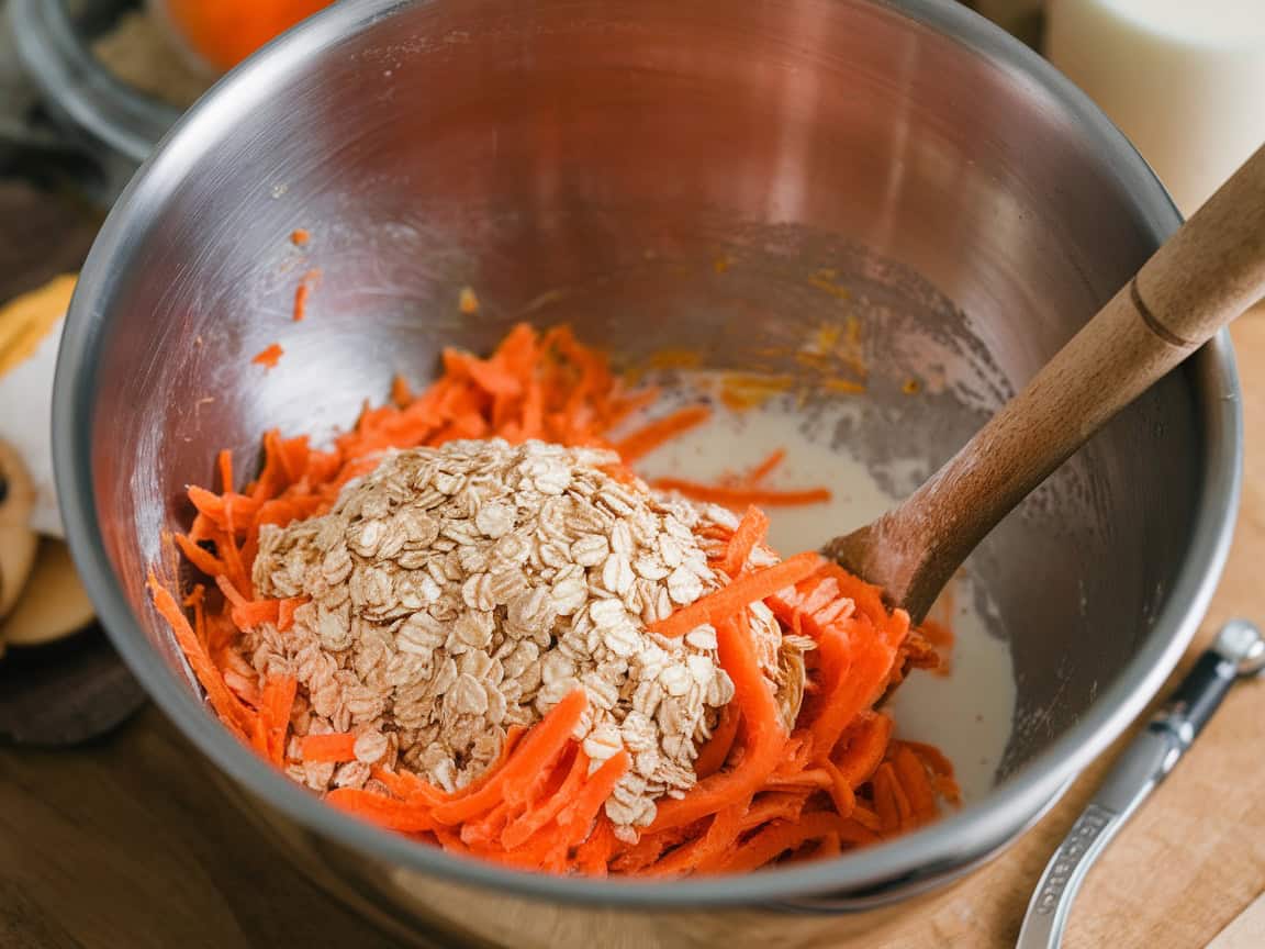 mixing bowl with oats, milk, shredded carrots