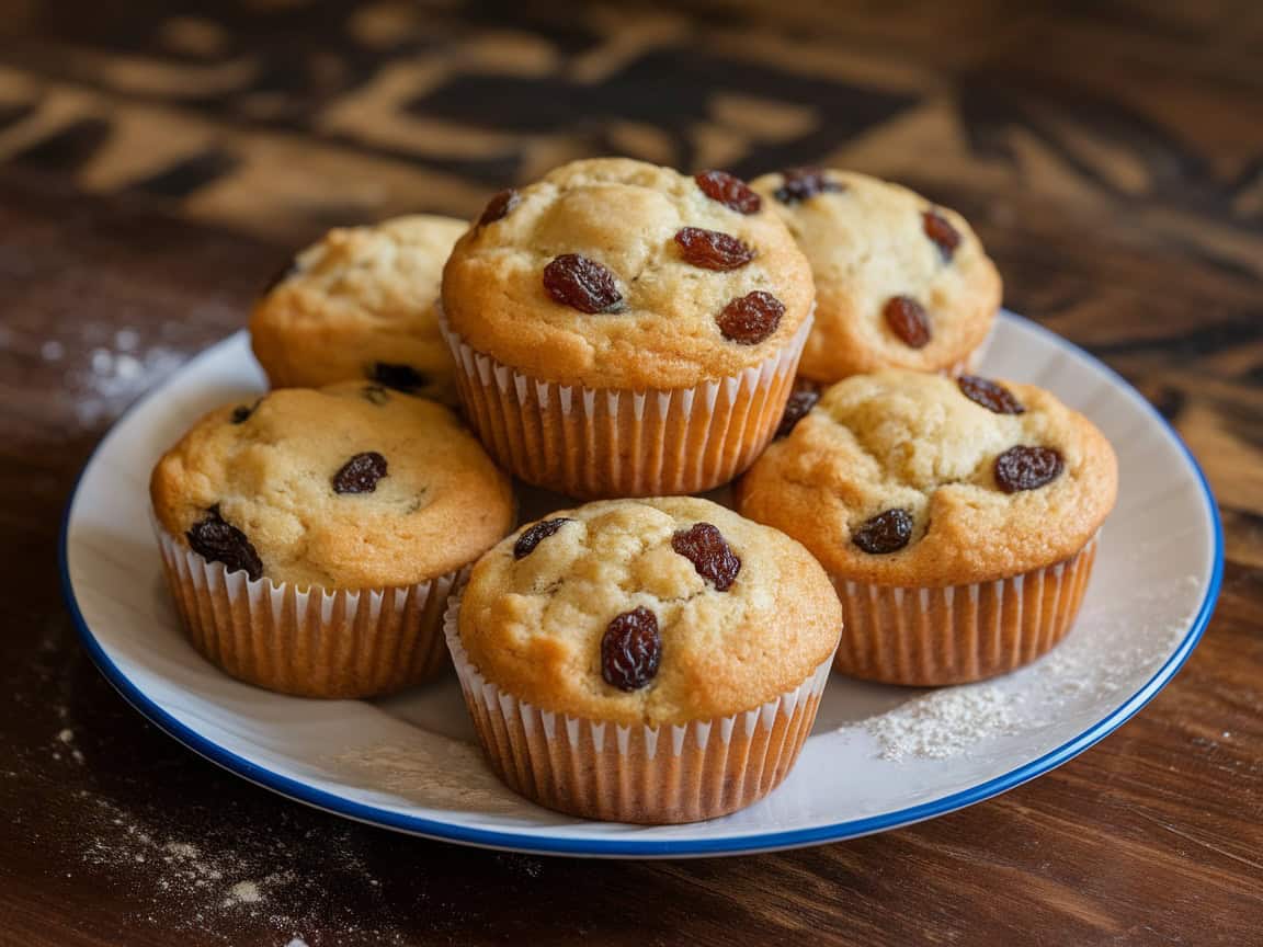 blue rimmed plate of Irish soda bread muffins on table