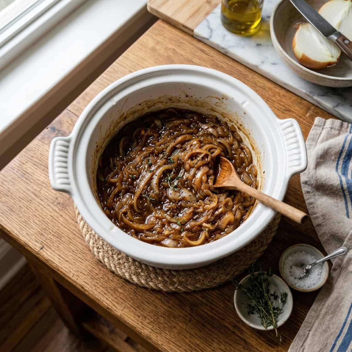 Slow cooker caramelized onions in white crock pot on wood table.