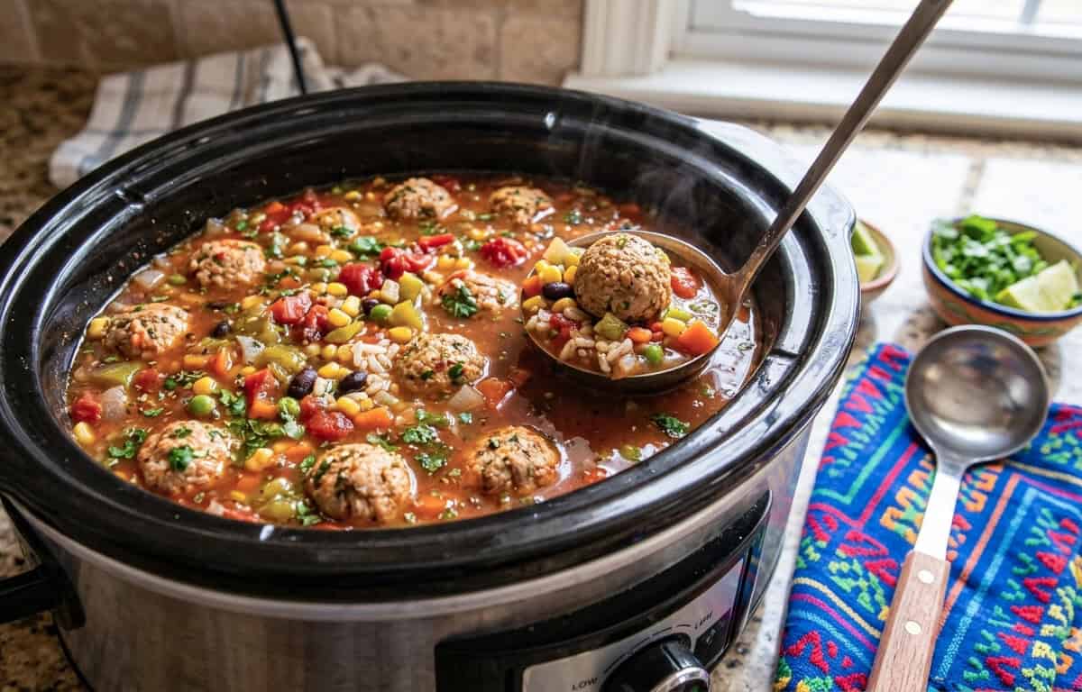 Slow Cooker Mexican Meatball Soup in black crock pot with ladle on kitchen counter.