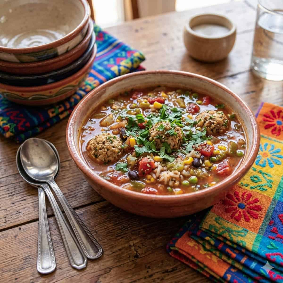 Slow Cooker Mexican Meatball Soup in ceramic bowl topped with fresh chopped cilantro on a wood table with stack of bowls and colorful napkins alongside.