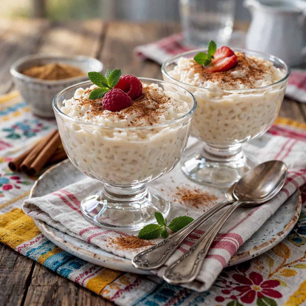 Creamy Rice Pudding garnished with fresh berries and sprig of mint in two stemmed dessert glasses with spoons and colorful napkins.