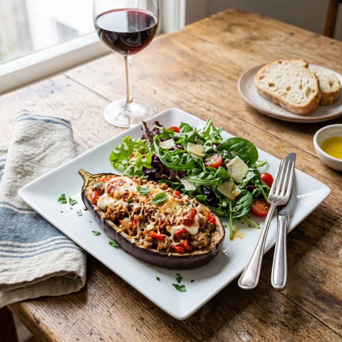 Slow Cooker Stuffed Eggplant on white dinner plate with mixed green salad and glass of red wine and bread in the background.