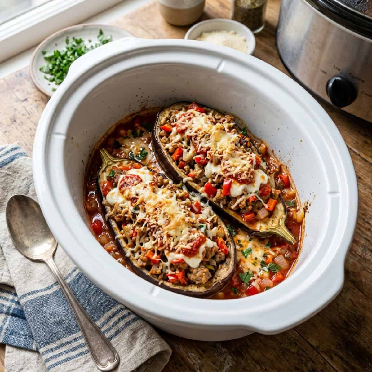 Slow Cooker Stuffed Eggplant in white crock pot with linen napkin and spoon alongside.
