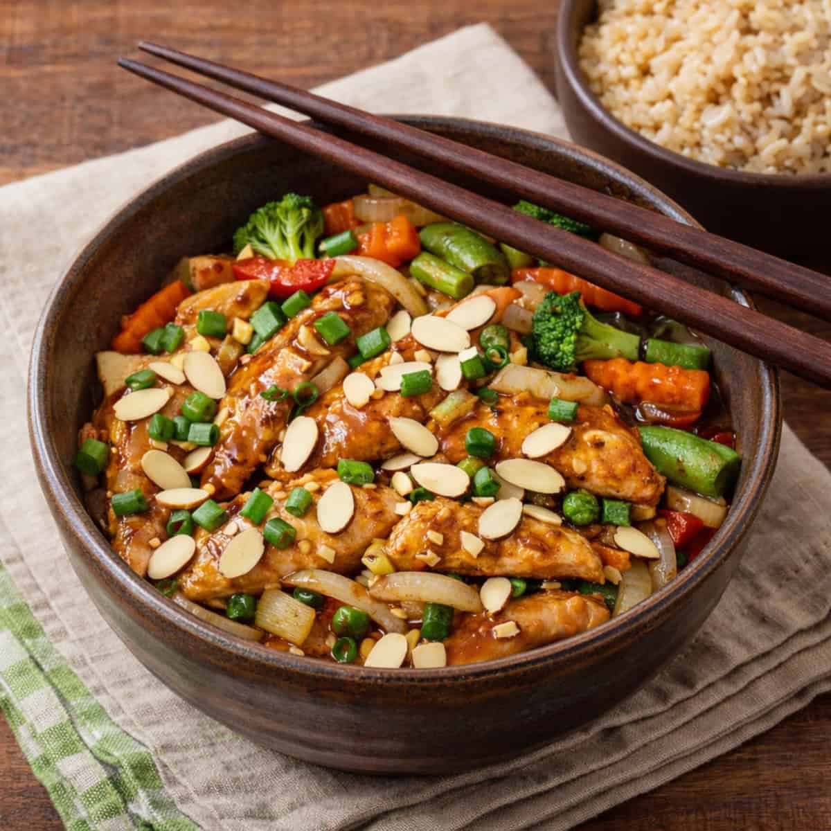 Slow Cooker Ginger-Almond Teriyaki Chicken in a brown bowl with chopsticks and a bowl of brown rice alongside.