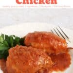 Slow cooker apricot chicken thighs with fresh cilantro on white dinner plate with fork.