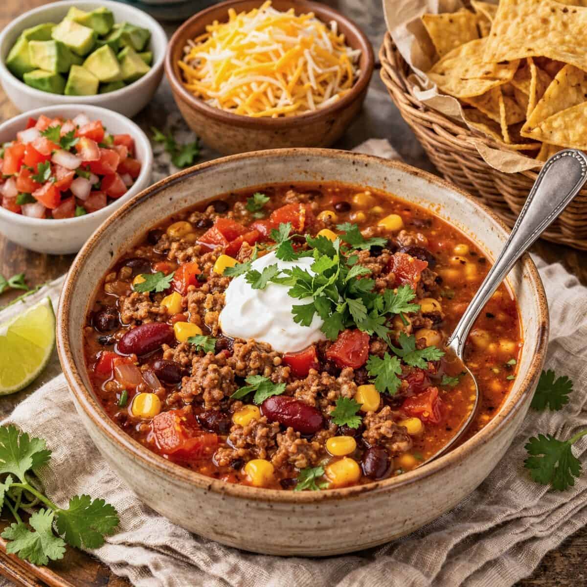 Bowl of taco soup garnished with dollop of sour cream and fresh cilantro on a linen napkin with pico de Gallo, shredded cheese, chopped avocado and basket of tortilla chips in the background.