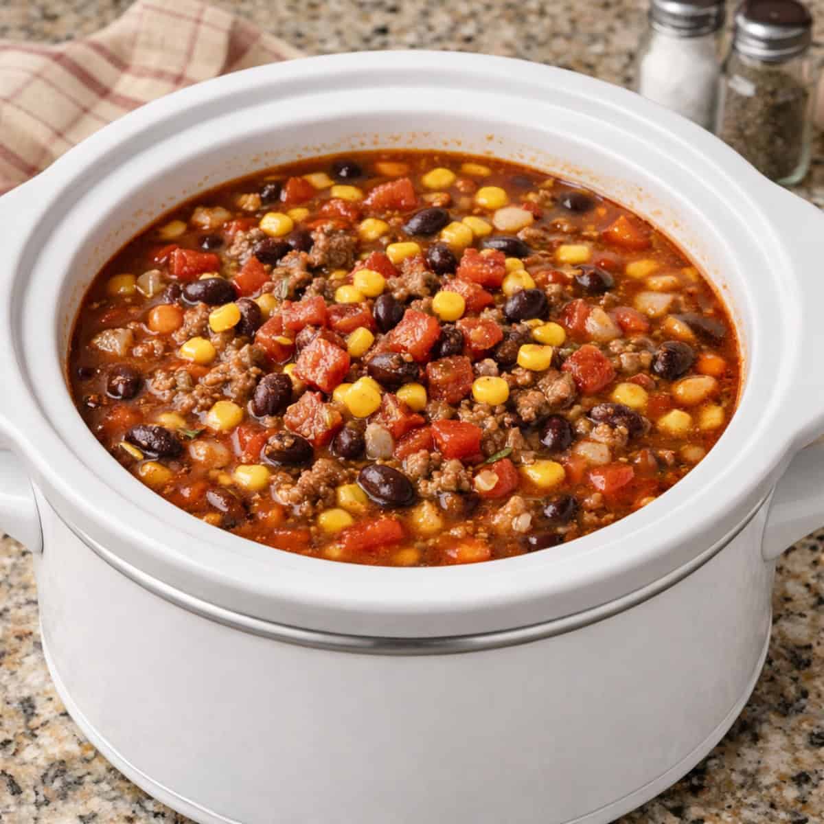 Taco Soup in white crock pot on granite counter.