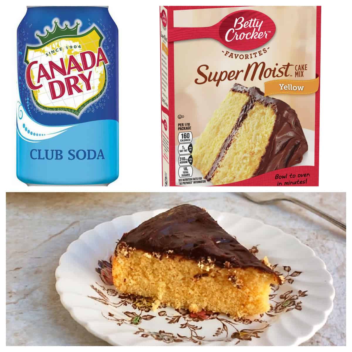 Collage: Can of Club Soda, Box of Betty Crocker Yellow Cake mix, Slice of chocolate frosted yellow cake