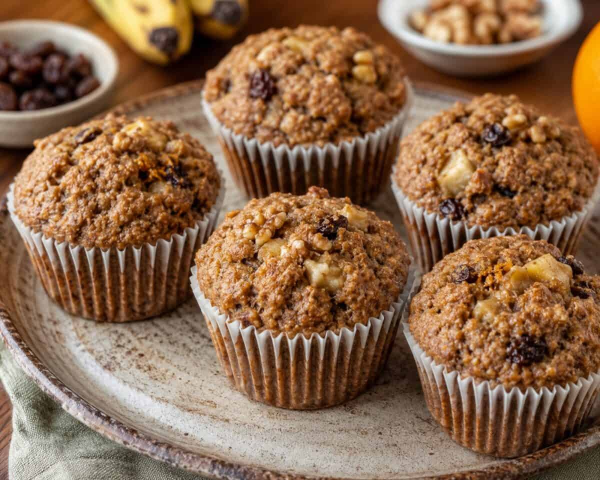 Banana bran muffins on pottery serving platter.
