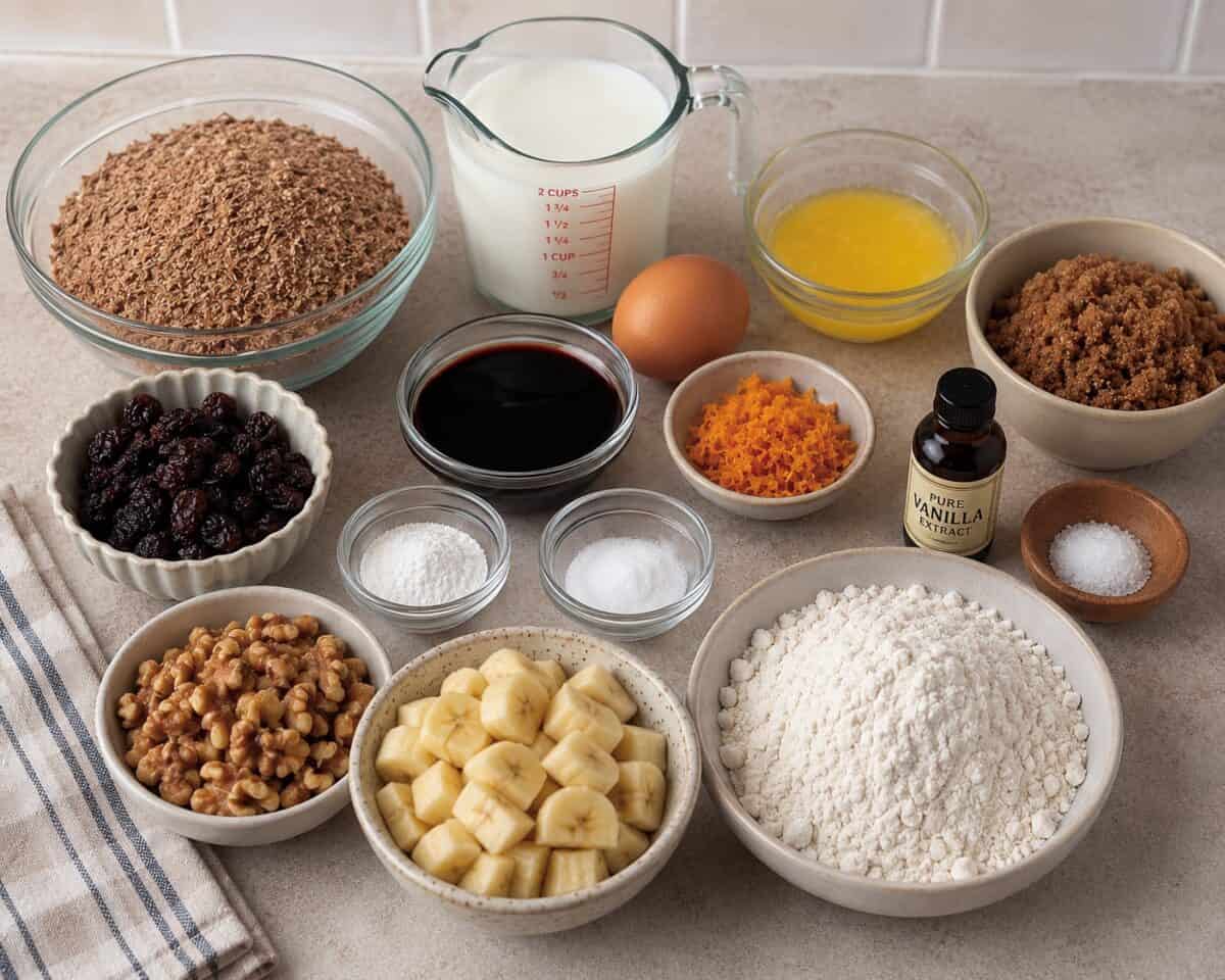 Ingredients including unprocessed bran, raisins, chopped walnuts, buttermilk, unsulfured molasses, chopped banana, all-purpose flour, orange zest, egg, butter and brown sugar on kitchen counter.