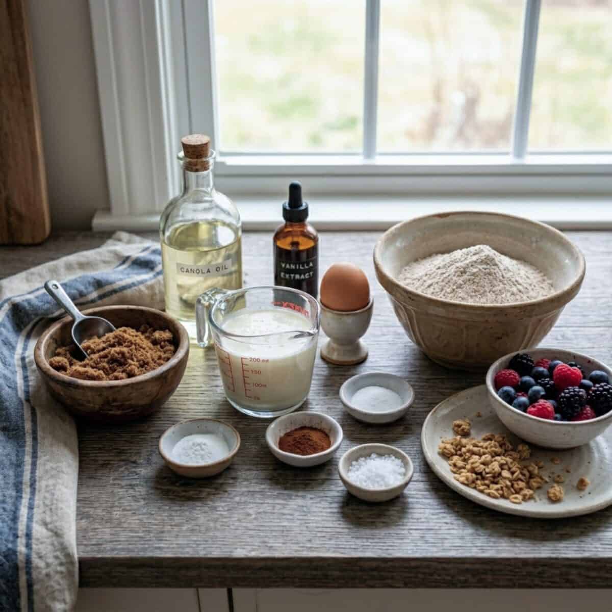 Coffee cake ingredients including brown sugar, whole wheat flour, canola oil, vanilla extract, egg, low-fat buttermilk, ground cinnamon, low-fat granola and mixed berries on kitchen counter.