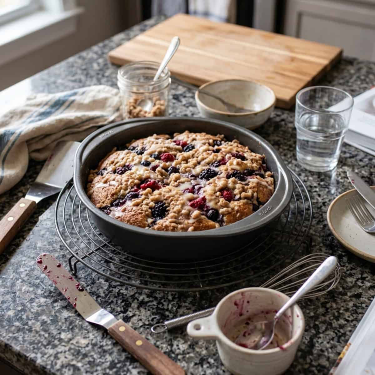 Mixed Berry Whole Wheat Coffee Cake in baking pan on wire cooling rack sitting on kitchen counter.
