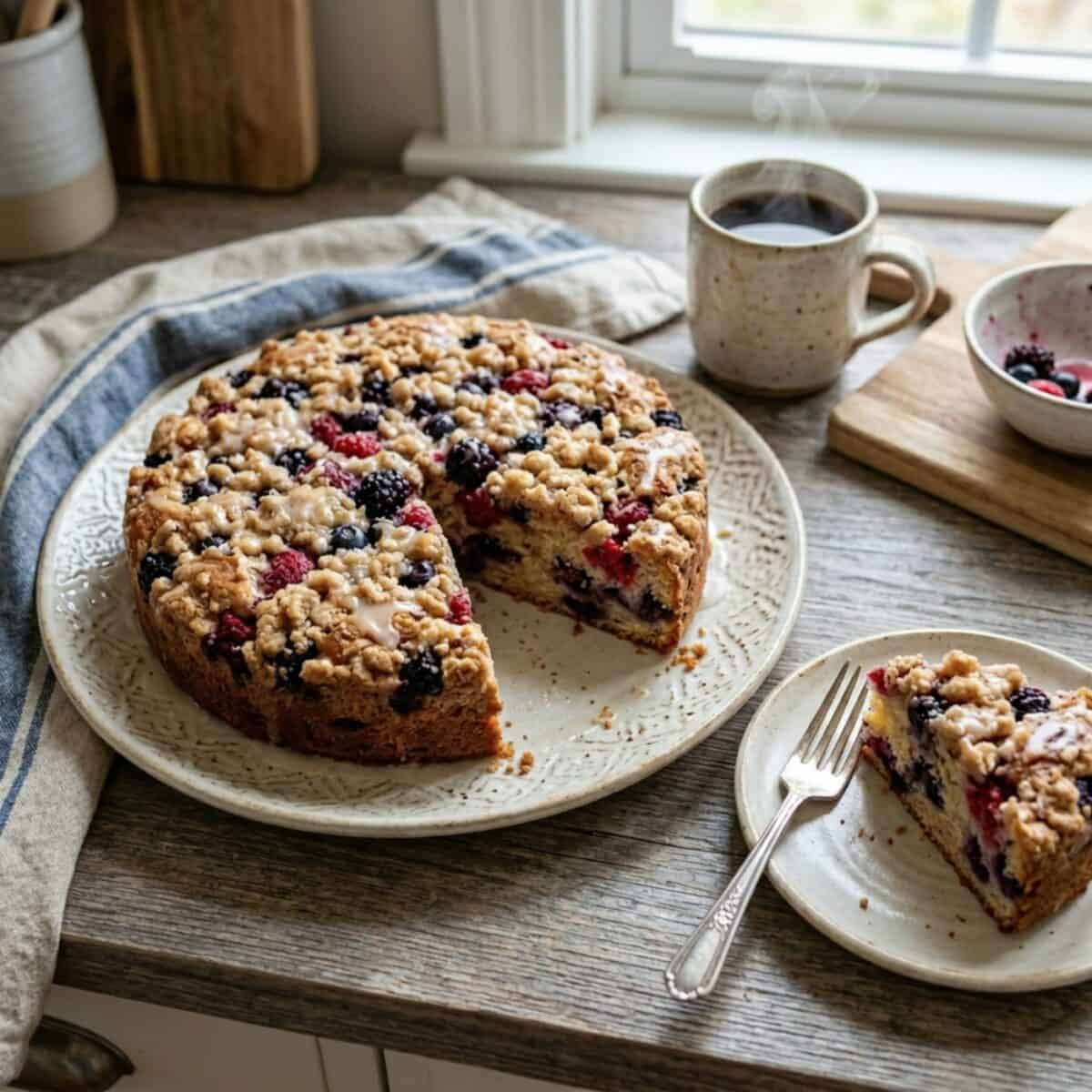 Mixed Berry Whole Wheat Coffee Cake on a serving plate with a slice of coffee cake on a small plate and mug of hot coffee in the background.