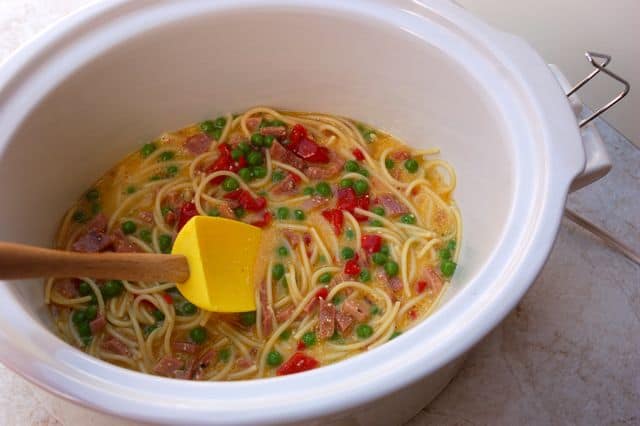 Spaghetti Frittata ingredients in white crock pot