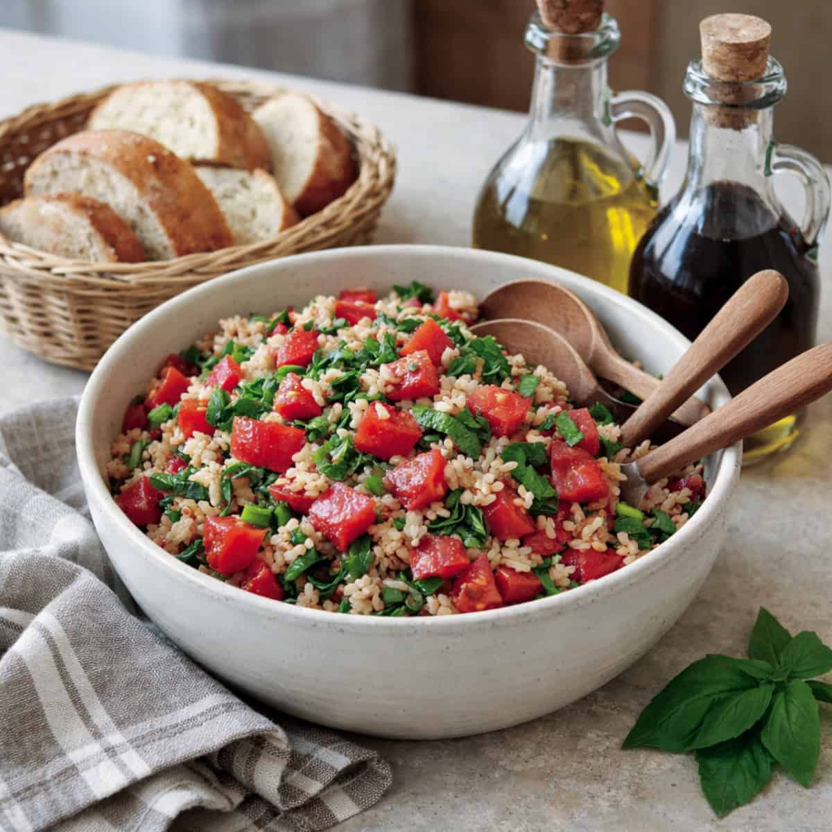 Brown Rice, Tomato and Basil Salad in ceramic bowl with serving spoons, a basket of bread and bottles of oil and vinegar alongside.