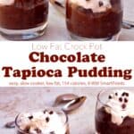 Two dessert glasses with chocolate tapioca pudding topped with whipped cream and chocolate chips