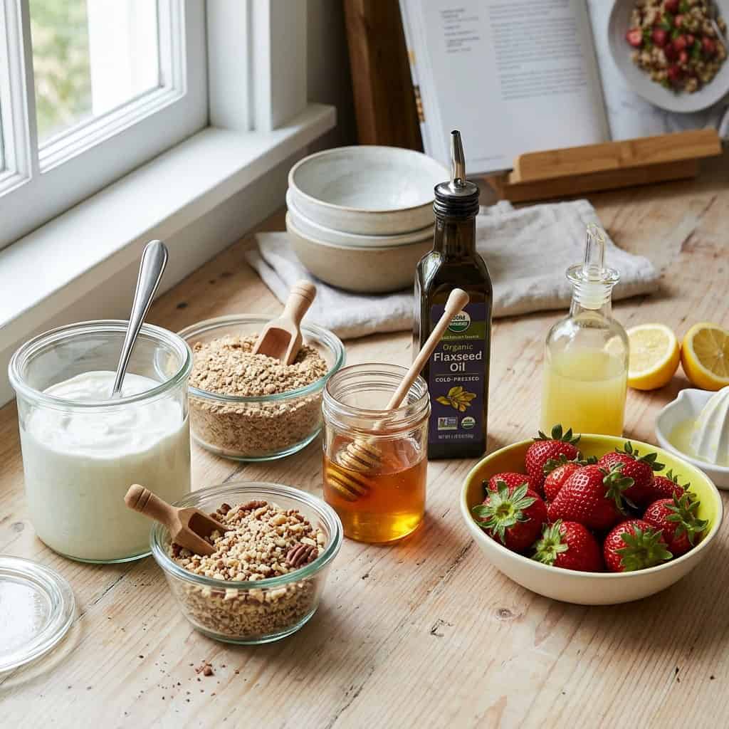 ingredients for WW Breakfast Yogurt: nonfat plain yogurt, ground nuts, ground wholegrain cereal, lemon juice, honey, strawberries on kitchen counter