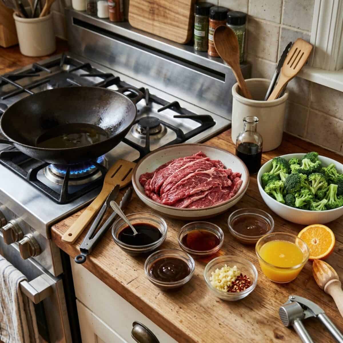 Ingredients for Beef and Broccoli Stir-Fry, including lean flank steak, broccoli florets, fresh squeezed orange juice, hoisin sauce, soy sauce, dark sesame oil, minced garlic and crushed red pepper flakes on kitchen counter alongside stove with wok and cooking utensils.