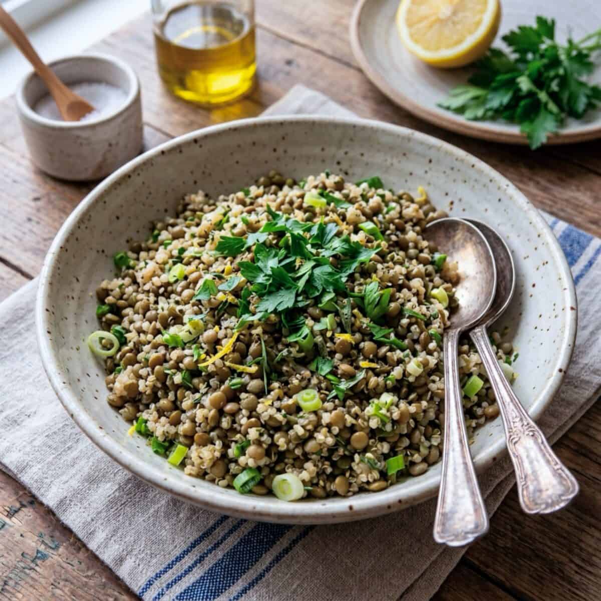Lemon Lentil Quinoa Salad in ceramic serving bowl with two vintage serving spoons.
