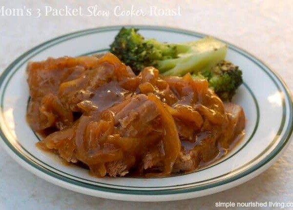 Mom's 3 Packet Slow Cooker Roast and broccoli white plate with green rim